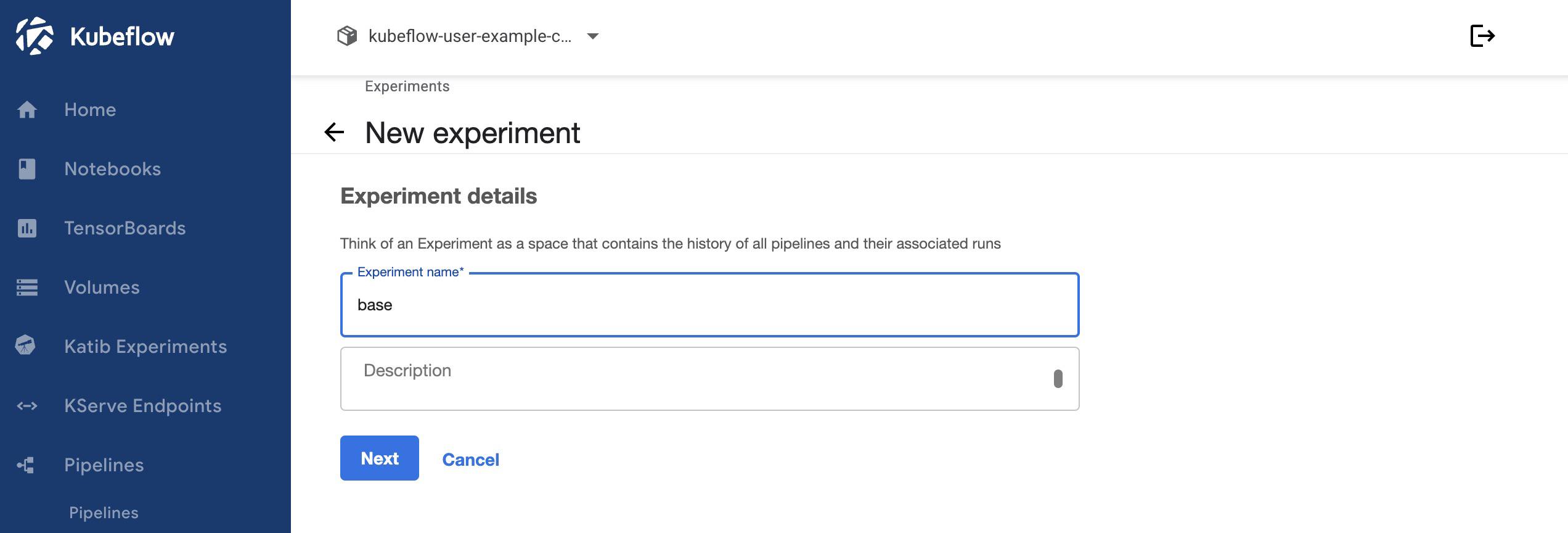 Screenshot of the “New Experiment” page within Kubeflow Screenshot of the “New Experiment” page within Kubeflow